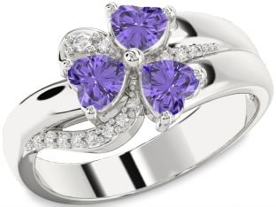 Diamond Emerald Platinum Heart Flower Three Stone Birthstone Ring