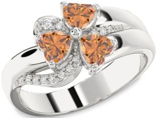 Diamond Emerald Platinum Heart Flower Three Stone Birthstone Ring