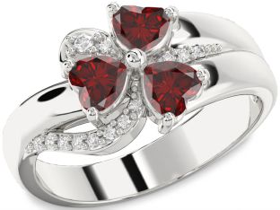 Diamond Emerald Platinum Heart Flower Three Stone Birthstone Ring