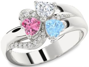 Diamond Platinum Heart Flower Three Stone Mother's Ring