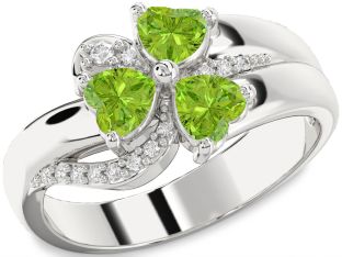 Diamond Emerald Platinum Heart Flower Three Stone Birthstone Ring