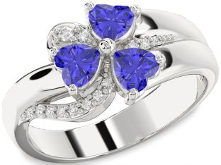 Diamond Emerald Platinum Heart Flower Three Stone Birthstone Ring