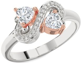 Diamond Silver & 10K Rose Gold Two Heart Ring