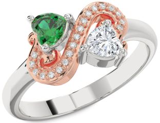 Diamond Rose Gold Silver Two Heart Promise Ring