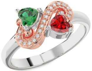 Diamond Emerald Platinum & Rose Gold Two Heart Birthstone Ring