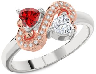 Diamond Emerald Platinum & Rose Gold Two Heart Birthstone Ring