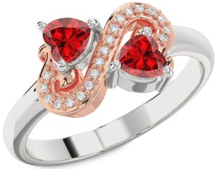 Diamond Emerald Platinum & Rose Gold Two Heart Birthstone Ring