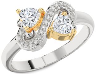 Diamond White Yellow Gold Two Heart Ring