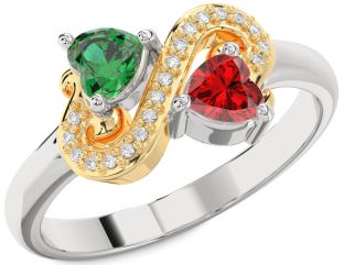Diamond Emerald Platinum & Yellow Gold Two Heart Birthstone Ring