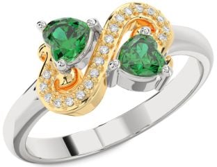 Diamond Emerald Gold Silver Two Heart Birthstone Ring