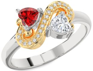 Diamond Emerald Platinum & Yellow Gold Two Heart Birthstone Ring