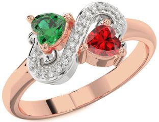 Diamond Emerald Platinum & Rose Gold Two Heart Birthstone Ring