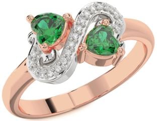 Diamond Emerald Rose Gold Silver Two Heart Birthstone Ring