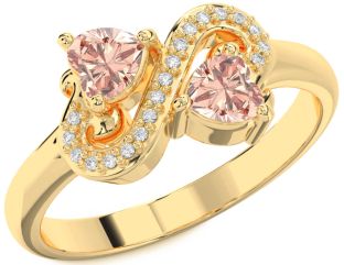 Diamond Morganite Gold Silver Two Heart Ring