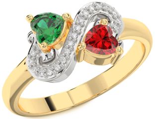 Diamond Emerald Platinum & Yellow Gold Two Heart Birthstone Ring