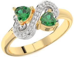 Diamond Emerald Gold Silver Two Heart Birthstone Ring