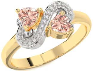 Diamond Morganite Gold Silver Two Heart Ring