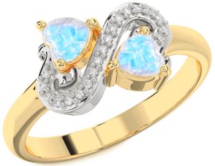 Diamond Moonstone Gold Silver Two Heart Ring