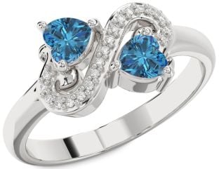 Blue Diamond Silver Two Heart Ring