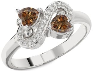 Chocolate Brown Diamond Silver Two Heart Ring