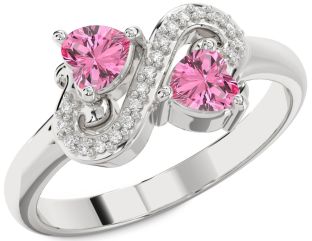Diamond Pink Sapphire Silver Two Heart Ring