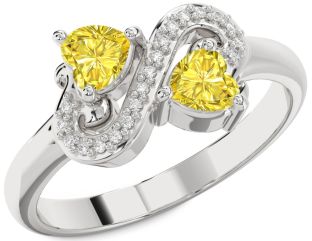 Yellow Diamond Silver Two Heart Ring