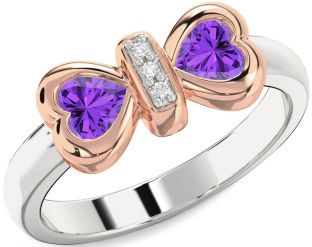 Diamond Emerald Platinum & Rose Gold Bow Two Heart Birthstone Ring