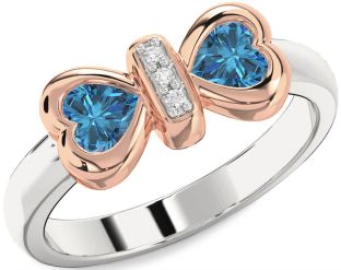 Diamond Emerald Platinum & Rose Gold Bow Two Heart Birthstone Ring