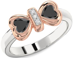 Diamond Emerald Platinum & Rose Gold Bow Two Heart Birthstone Ring