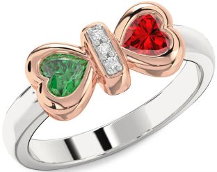 Diamond Platinum & Rose Gold Bow Two Heart Promise Ring