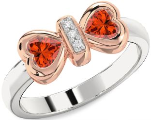 Diamond Emerald Platinum & Rose Gold Bow Two Heart Birthstone Ring