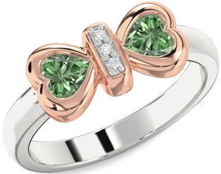 Diamond Emerald Platinum & Rose Gold Bow Two Heart Birthstone Ring