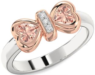 Diamond Emerald Platinum & Rose Gold Bow Two Heart Birthstone Ring