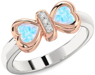 Diamond Emerald Platinum & Rose Gold Bow Two Heart Birthstone Ring