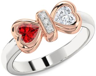 Diamond Emerald Platinum & Rose Gold Bow Two Heart Birthstone Ring