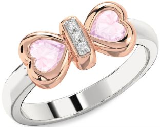 Diamond Emerald Platinum & Rose Gold Bow Two Heart Birthstone Ring