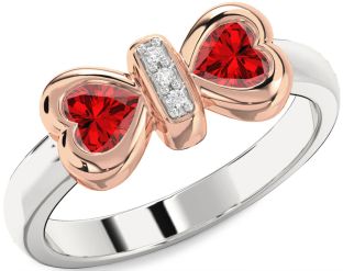 Diamond Emerald Platinum & Rose Gold Bow Two Heart Birthstone Ring