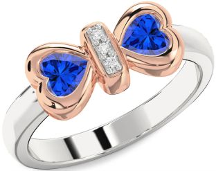 Diamond Emerald Platinum & Rose Gold Bow Two Heart Birthstone Ring