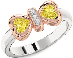 Diamond Emerald Platinum & Rose Gold Bow Two Heart Birthstone Ring