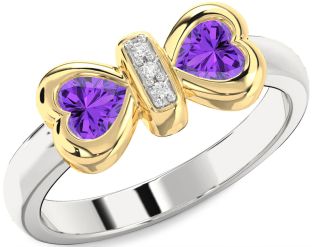 Diamond Emerald Platinum & Yellow Gold Bow Two Heart Birthstone Ring