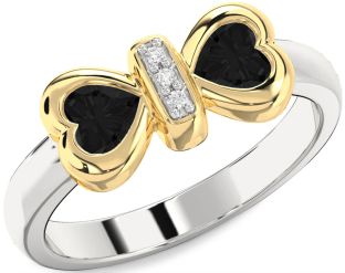 Diamond Emerald Platinum & Yellow Gold Bow Two Heart Birthstone Ring