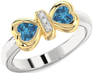 Diamond Emerald Platinum & Yellow Gold Bow Two Heart Birthstone Ring