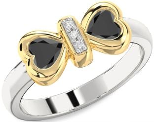 Diamond Emerald Platinum & Yellow Gold Bow Two Heart Birthstone Ring