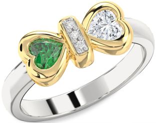 Diamond Emerald Platinum & Yellow Gold Bow Two Heart Birthstone Ring