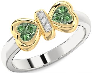 Diamond Emerald Platinum & Yellow Gold Bow Two Heart Birthstone Ring