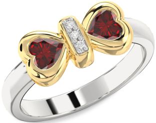 Diamond Emerald Platinum & Yellow Gold Bow Two Heart Birthstone Ring