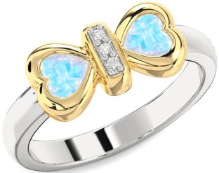 Diamond Emerald Platinum & Yellow Gold Bow Two Heart Birthstone Ring