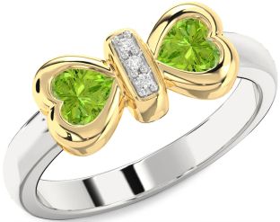 Diamond Emerald Platinum & Yellow Gold Bow Two Heart Birthstone Ring