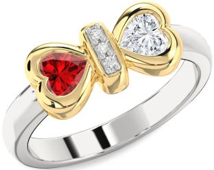 Diamond Emerald Platinum & Yellow Gold Bow Two Heart Birthstone Ring