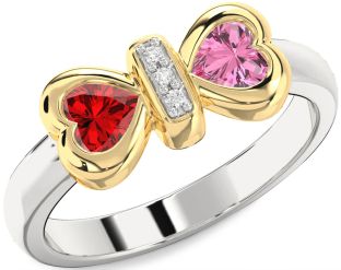 Diamond Emerald Platinum & Yellow Gold Bow Two Heart Birthstone Ring